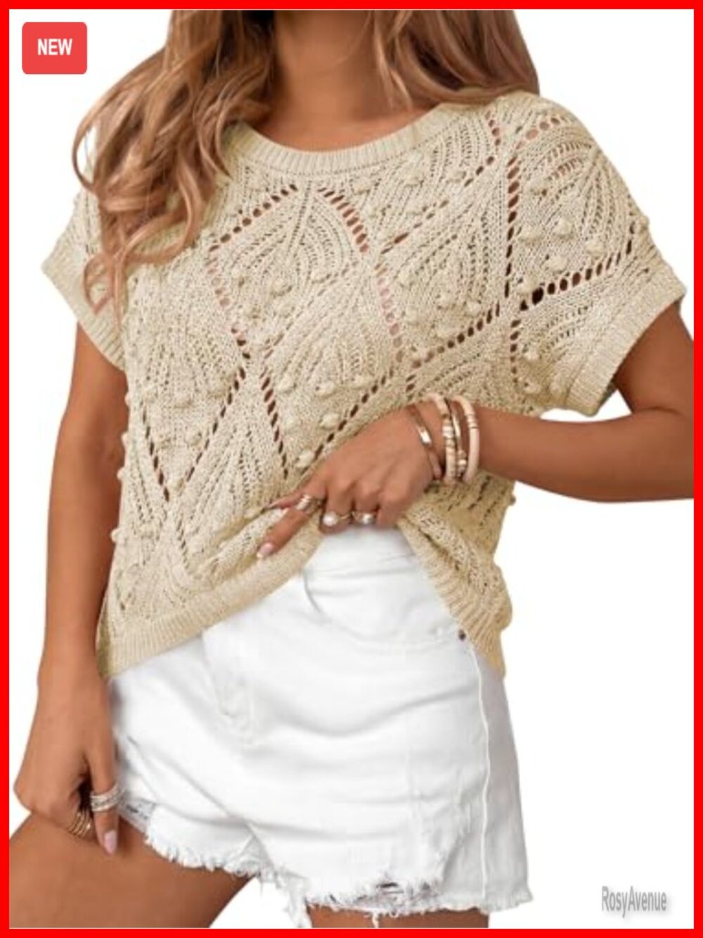 Crochet Short Sleeve Sweater Boho Summer Top Crew Neck Pullover